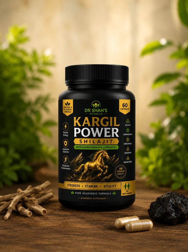 Dr Shah's Herbals® Kargil Power – Premium Shilajit Capsules with Ashwagandha, Safed Musli, Gokshura & Kaunch Beej (60 Capsules)